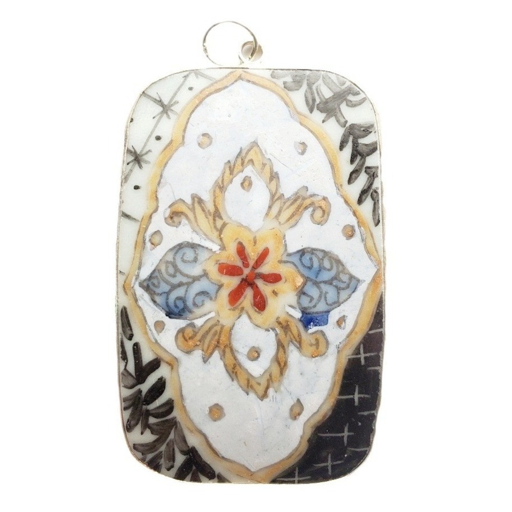 Vintage Repurposed Pottery Pendant Silvertone Rectangle Big Bold Artisan Jewelry